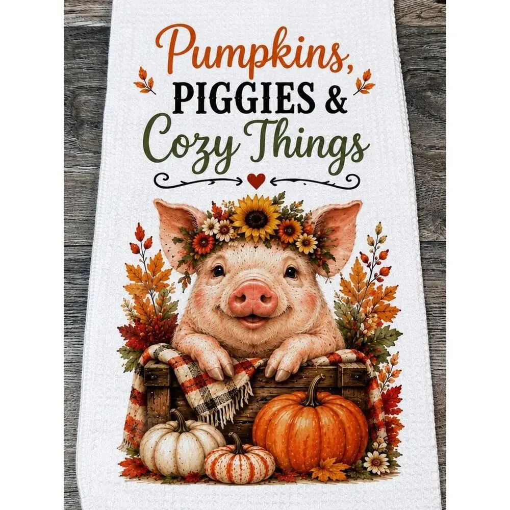 Fall Pig Kitchen Towel Pumpkins Piggies & Cozy Things Farmhouse Autumn Decor